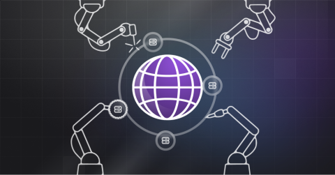 A purple global has 4 cranes surrounding it, each piecing the globe together.