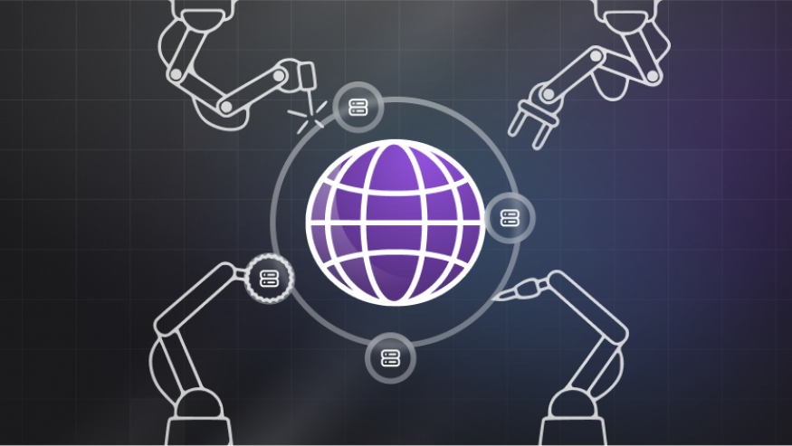 A purple global has 4 cranes surrounding it, each piecing the globe together.