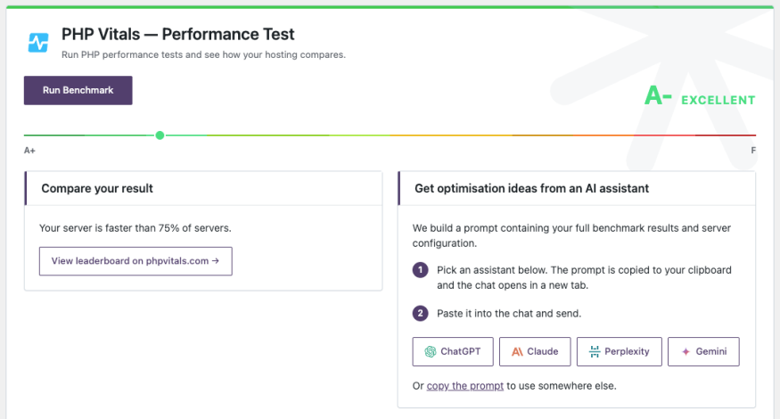 Screenshot of PHP Vitals performance test, with an AI assistant suggestion prompt generated in the bottom right corner.