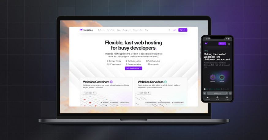 Webslice.com, running on a laptop web browser, and on a smartphone.