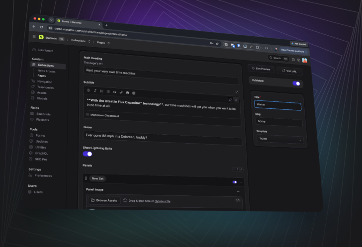 A screenshot of the Statamic control panel in dark-mode, with a warped perspective as if it was on a computer screen.