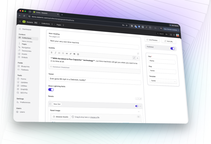 A screenshot of the Statamic control panel, with a warped perspective as if it was on a computer screen.