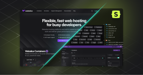Webslice hosting platform homepage with dark theme, showing features and the Statamic CMS manager interface beside it.