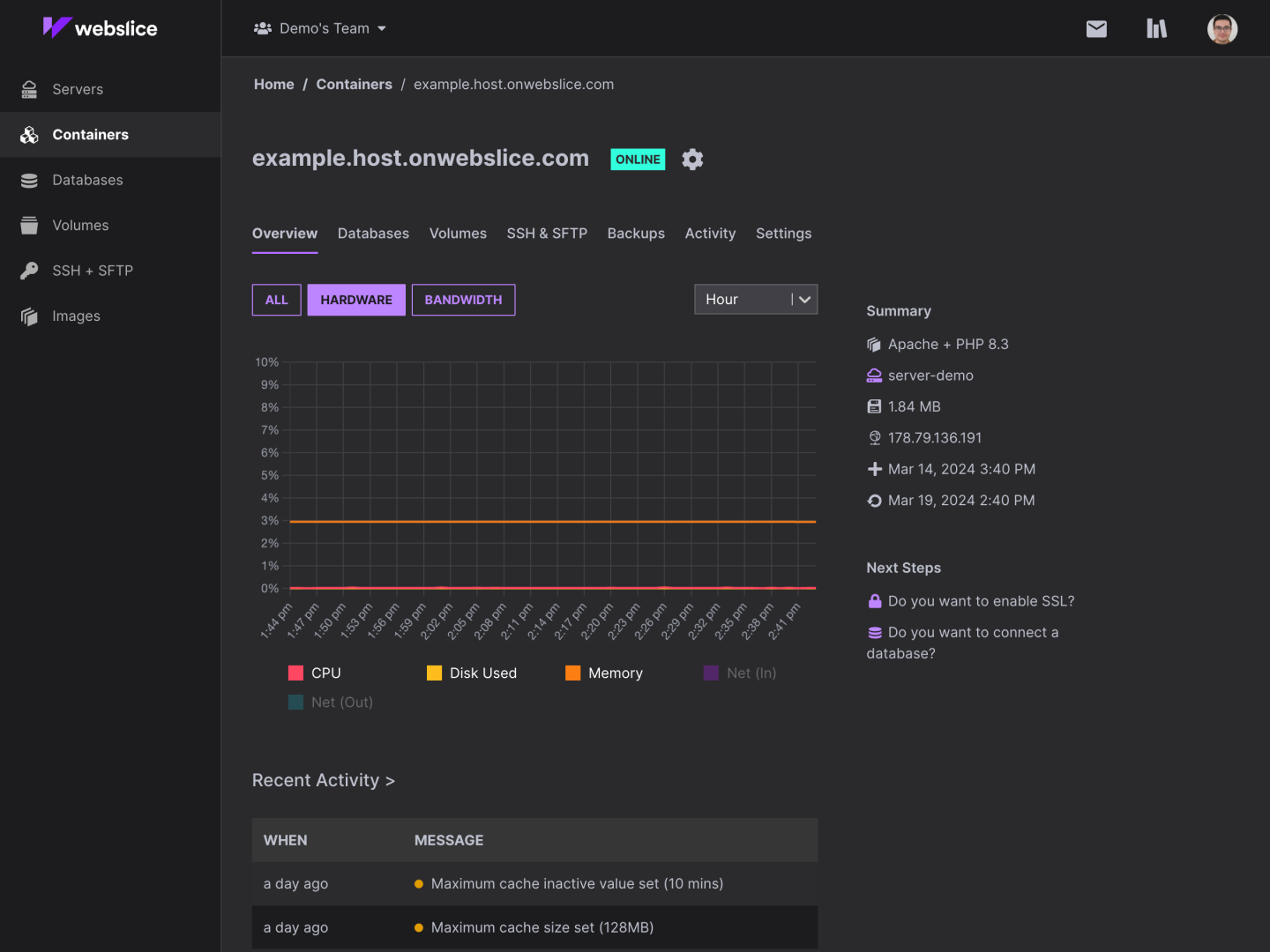 Webslice console containers, overview - dark mode