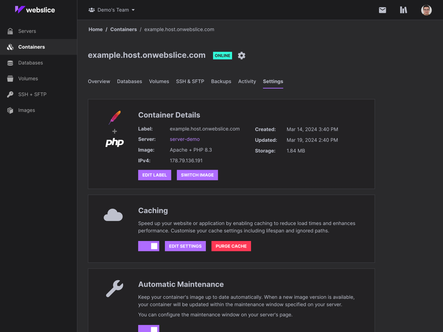 Webslice console containers, settings - dark mode