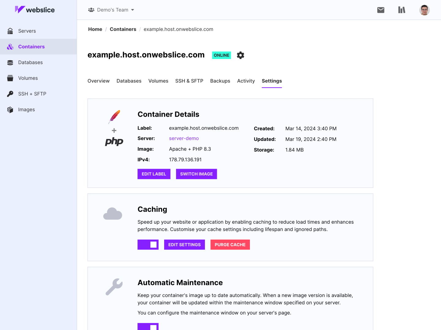 Webslice console containers, settings - light mode