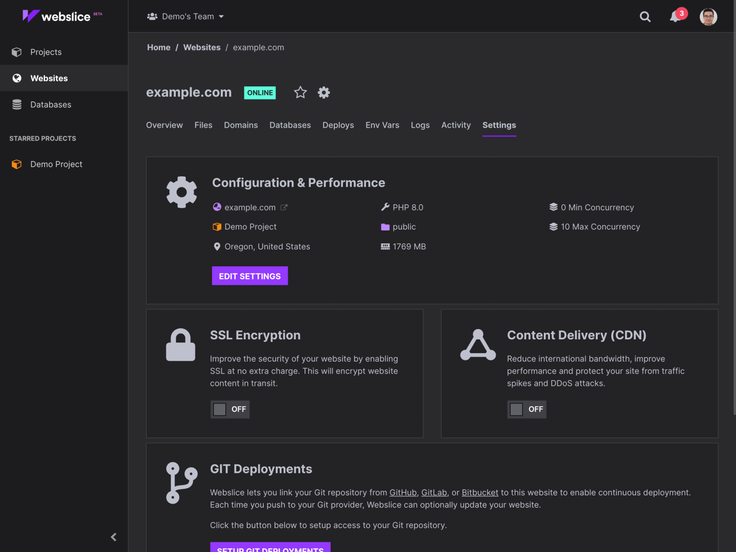 Webslice console serverless, settings - dark mode