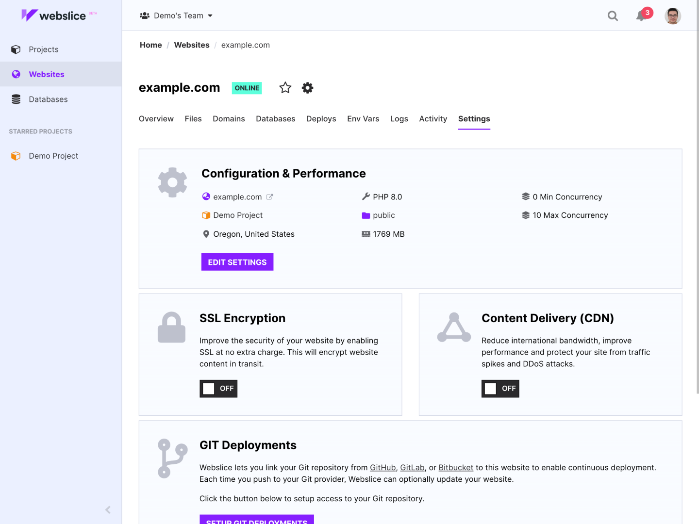 Webslice console serverless, settings - light mode